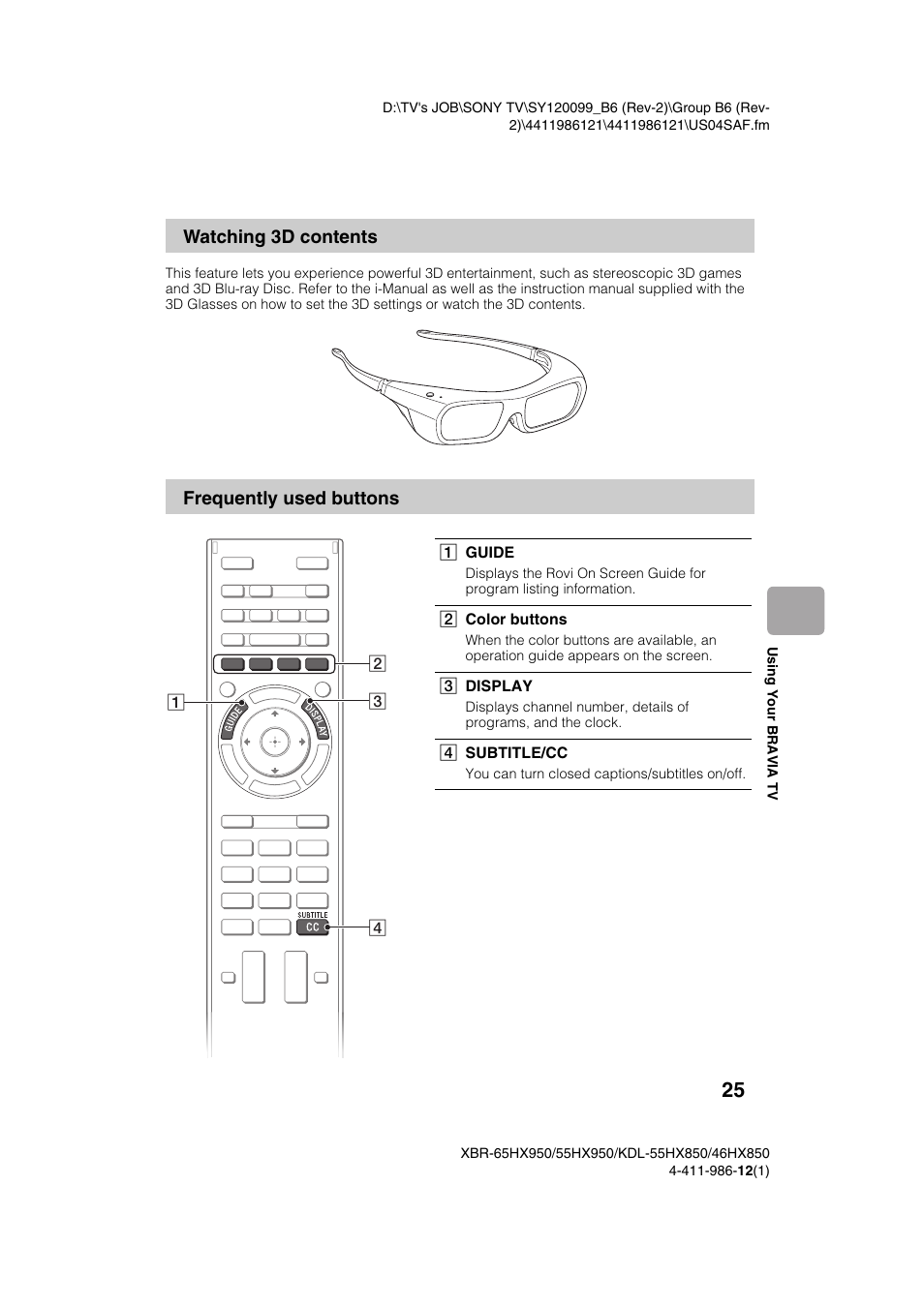 Watching 3d contents frequently used buttons | Sony XBR-55HX950 User Manual | Page 25 / 40