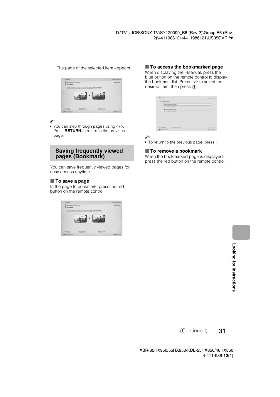 Saving frequently viewed pages (bookmark) | Sony XBR-55HX950 User Manual | Page 31 / 40