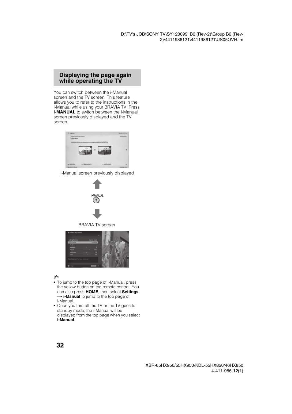 Displaying the page again while operating the tv | Sony XBR-55HX950 User Manual | Page 32 / 40