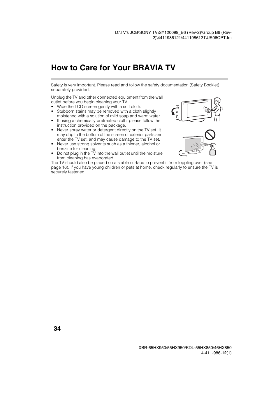 How to care for your bravia tv | Sony XBR-55HX950 User Manual | Page 34 / 40