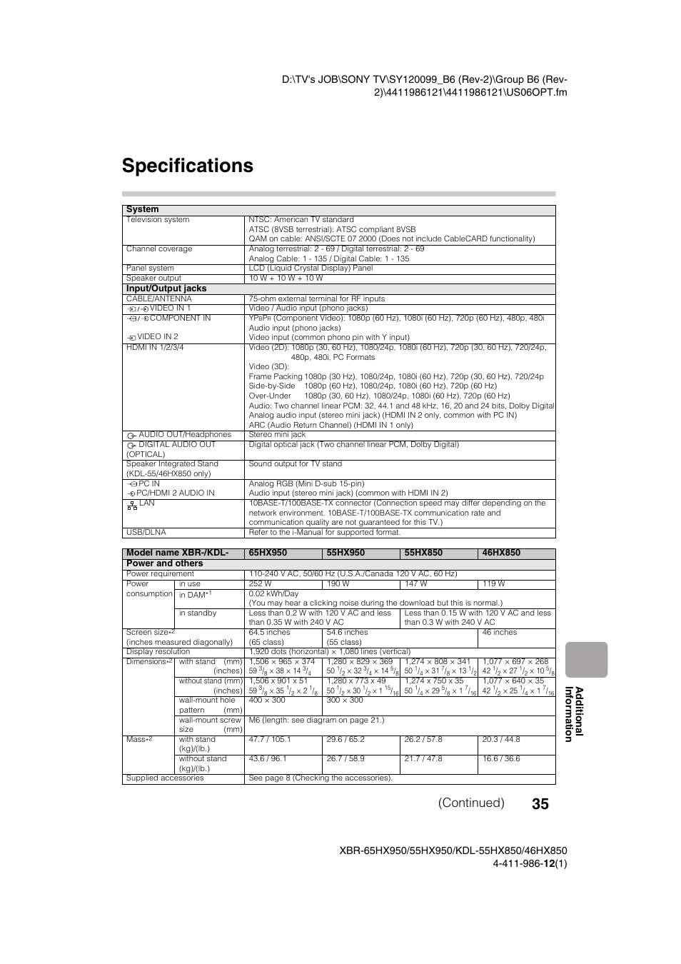 Specifications, Continued) | Sony XBR-55HX950 User Manual | Page 35 / 40