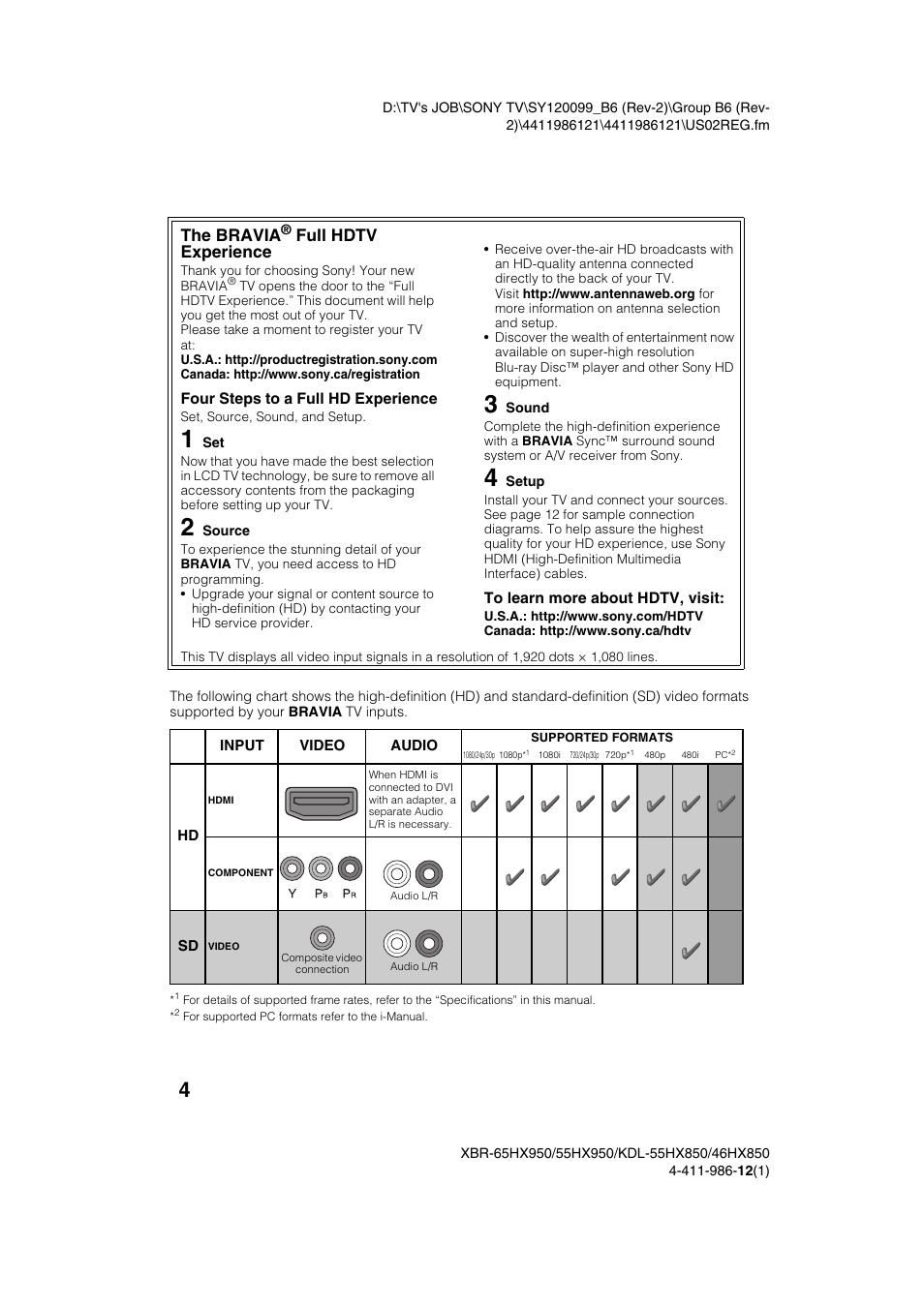The bravia, Full hdtv experience | Sony XBR-55HX950 User Manual | Page 4 / 40
