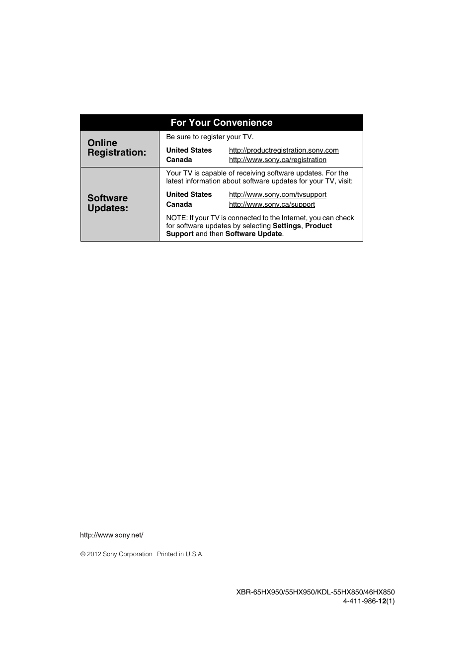 For your convenience online registration, Software updates | Sony XBR-55HX950 User Manual | Page 40 / 40