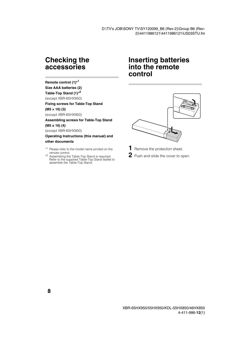 Getting started, Checking the accessories, Inserting batteries into the remote control | Sony XBR-55HX950 User Manual | Page 8 / 40