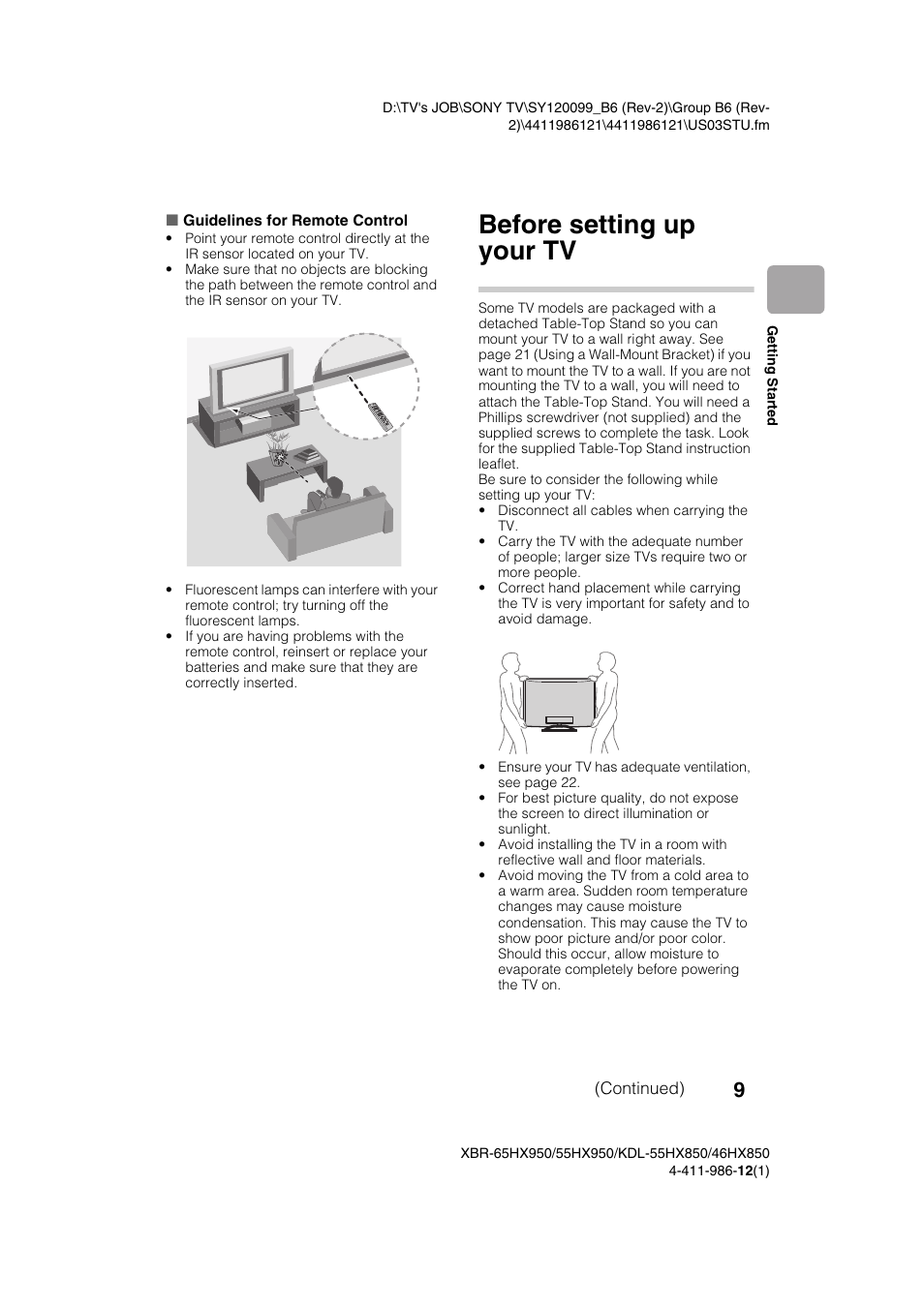 Before setting up your tv | Sony XBR-55HX950 User Manual | Page 9 / 40
