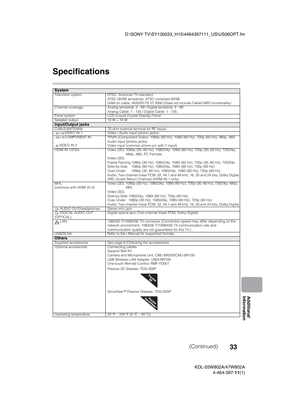 Specifications, Continued) | Sony KDL-47W802A User Manual | Page 33 / 36