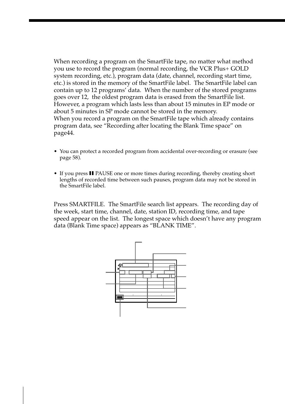 Recording a program on the smartfile tape, Smartfile function | Sony SLV-M11HF User Manual | Page 42 / 76