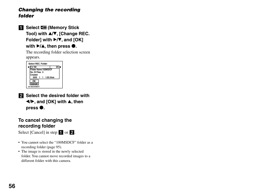 Changing the recording folder | Sony DSC-T33 User Manual | Page 56 / 144