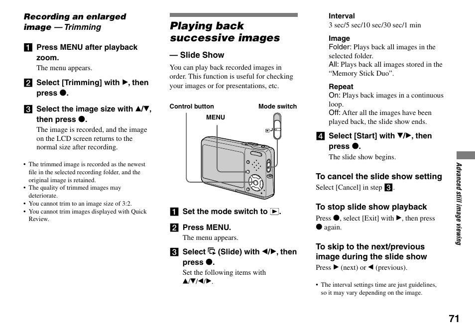 Recording an enlarged image — trimming, Playing back successive images, Slide show | Sony DSC-T33 User Manual | Page 71 / 144