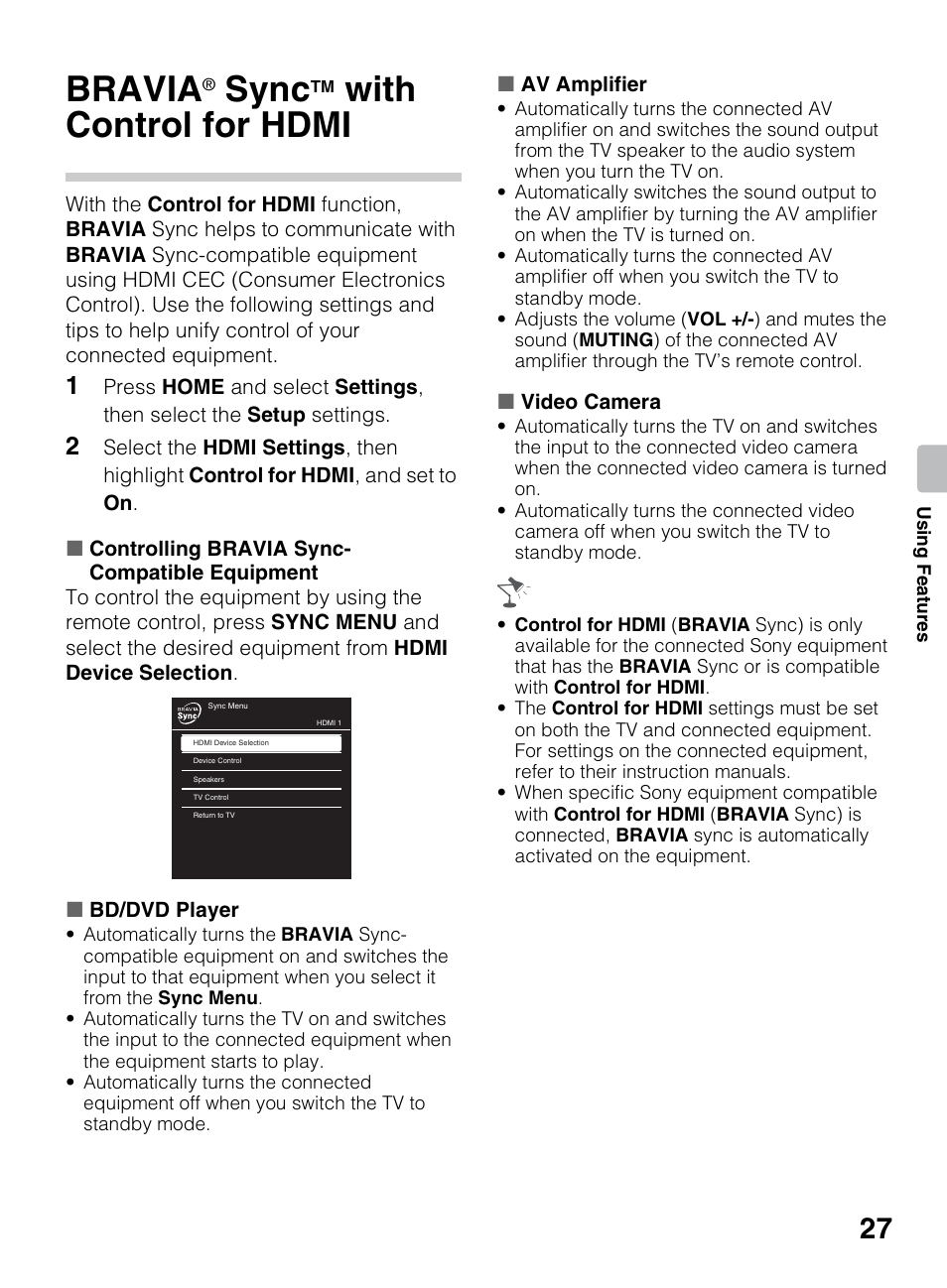 Using features, Bravia® synctm with control for hdmi, Bravia | Sync, With control for hdmi | Sony KDL-40BX450 User Manual | Page 27 / 68