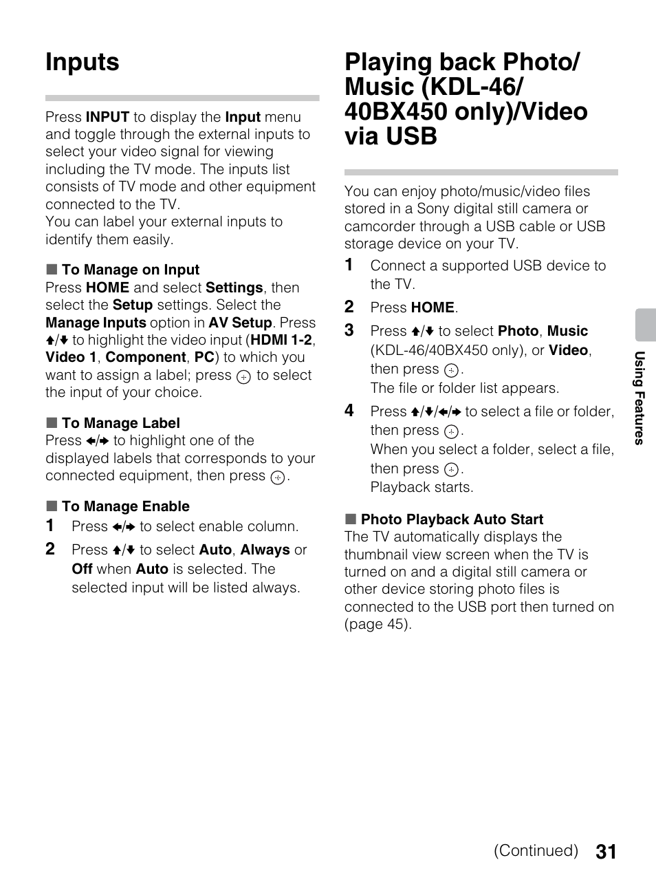 Inputs, Playing back photo/music, Kdl-46/40bx450 only)/ video via usb | Sony KDL-40BX450 User Manual | Page 31 / 68