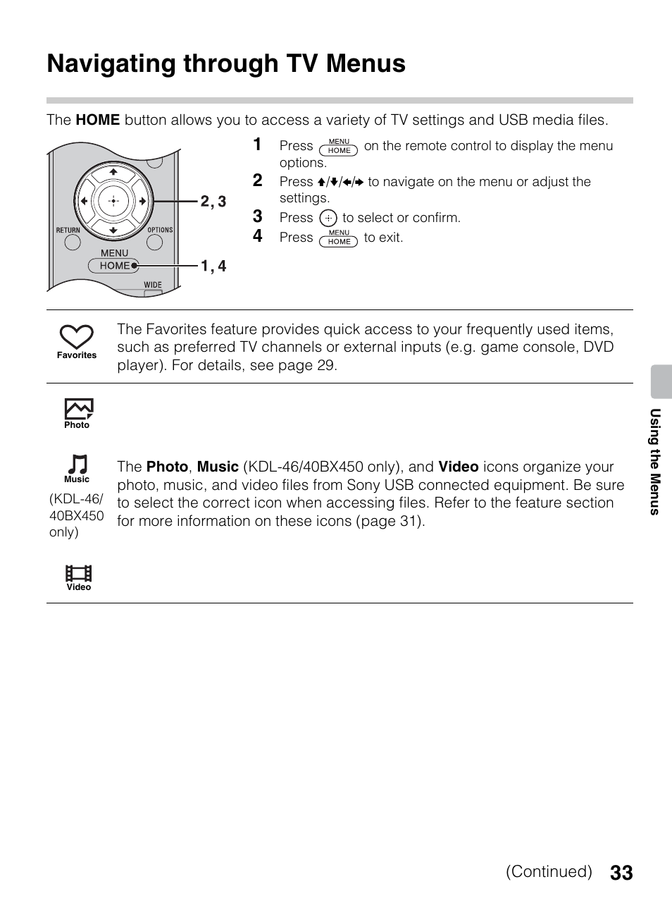 Using the menus, Navigating through tv menus | Sony KDL-40BX450 User Manual | Page 33 / 68