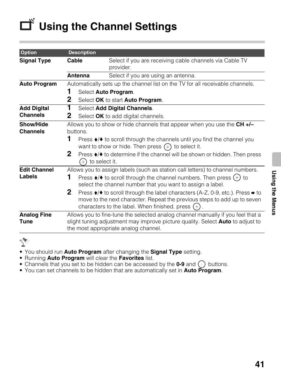 Using the channel settings | Sony KDL-40BX450 User Manual | Page 41 / 68