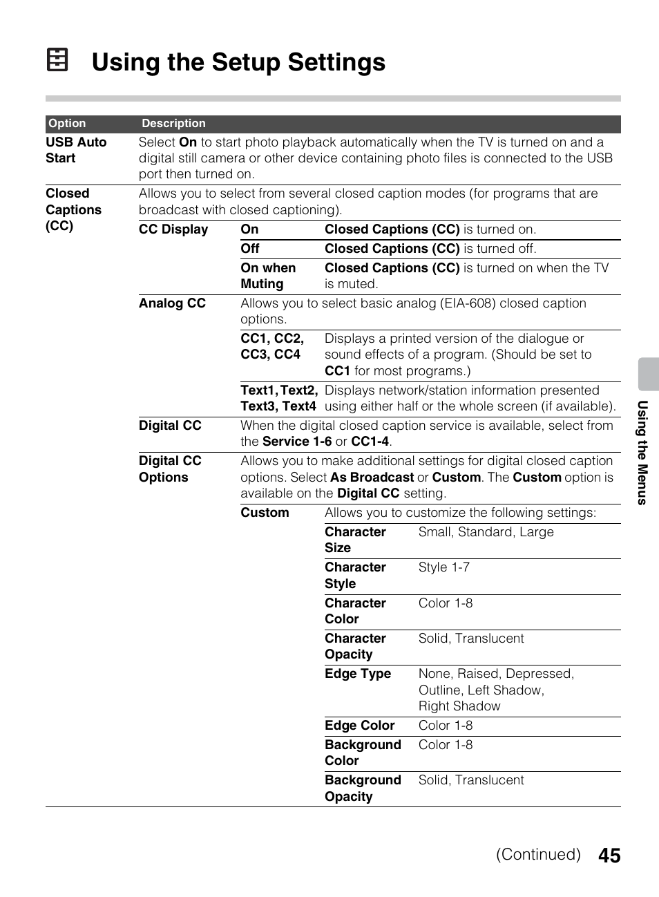 Using the setup settings, Continued) | Sony KDL-40BX450 User Manual | Page 45 / 68