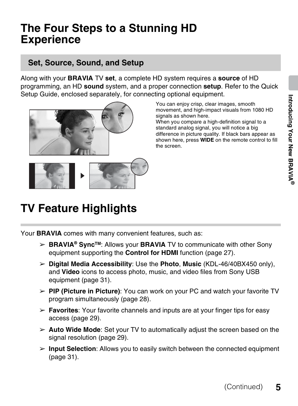 The four steps to a stunning hd experience, Tv feature highlights, The four steps to a stunning hd | Experience, Set, source, sound, and setup | Sony KDL-40BX450 User Manual | Page 5 / 68