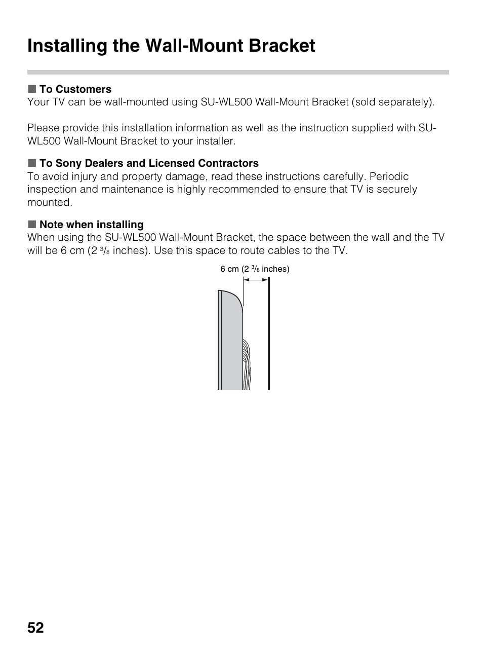 Installing the wall-mount bracket | Sony KDL-40BX450 User Manual | Page 52 / 68
