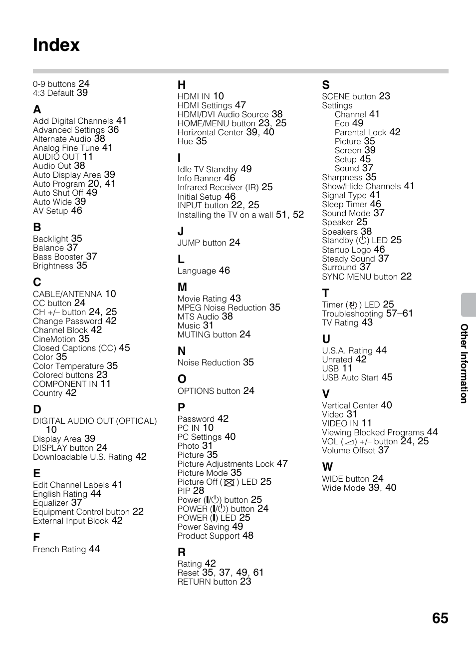 Index | Sony KDL-40BX450 User Manual | Page 65 / 68