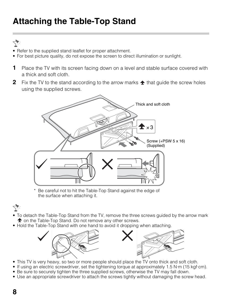 Attaching the table-top stand | Sony KDL-40BX450 User Manual | Page 8 / 68