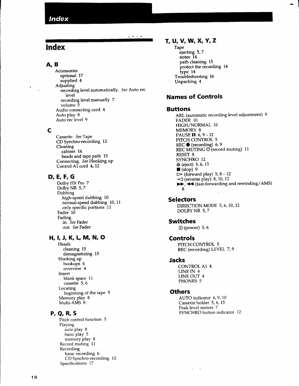 O. e. f. g, H, i, j, k, u m, n, o, P, q, r, s | T, u, v. w. x. y, z, Names of controls buttons, Selectors, Switches, Controls, Jacks, Others | Sony TC-WE435 User Manual | Page 18 / 18