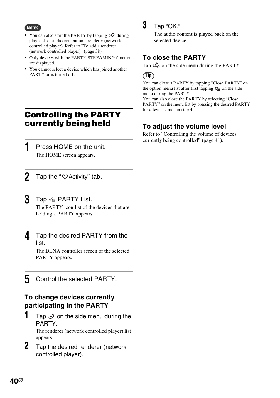 Controlling the party currently being held | Sony RM-NU1 User Manual | Page 40 / 98