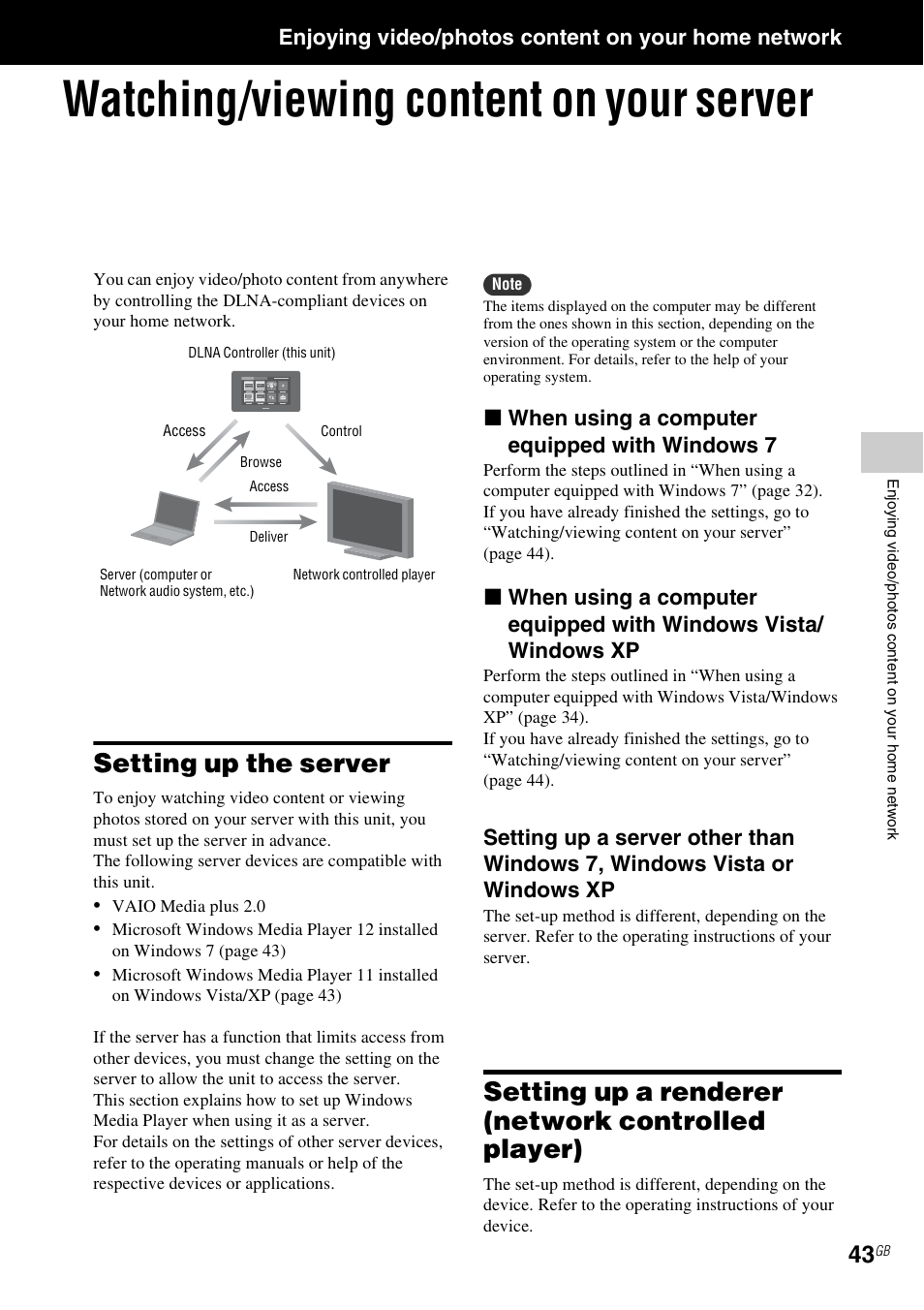 Enjoying video/photos content on your home network, Watching/viewing content on your server, Setting up the server | Setting up a renderer (network controlled player), X when using a computer equipped with windows 7 | Sony RM-NU1 User Manual | Page 43 / 98