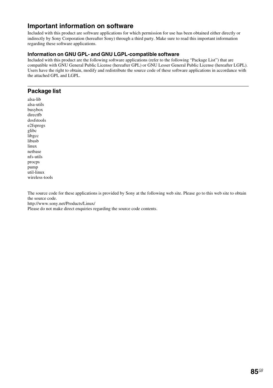 Important information on software | Sony RM-NU1 User Manual | Page 85 / 98