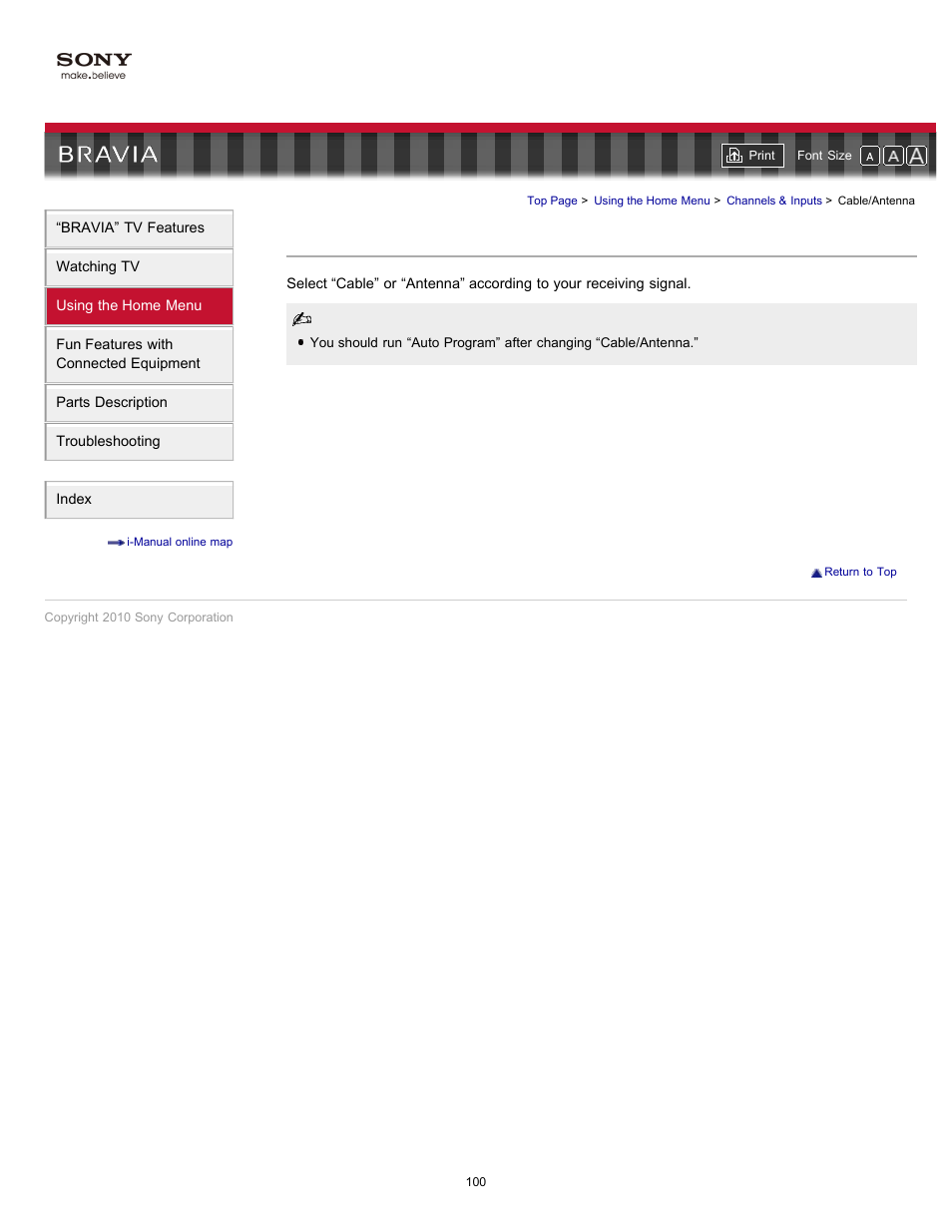 Cable/antenna, Cable/antenna selection | Sony KDL-55HX701 User Manual | Page 104 / 141