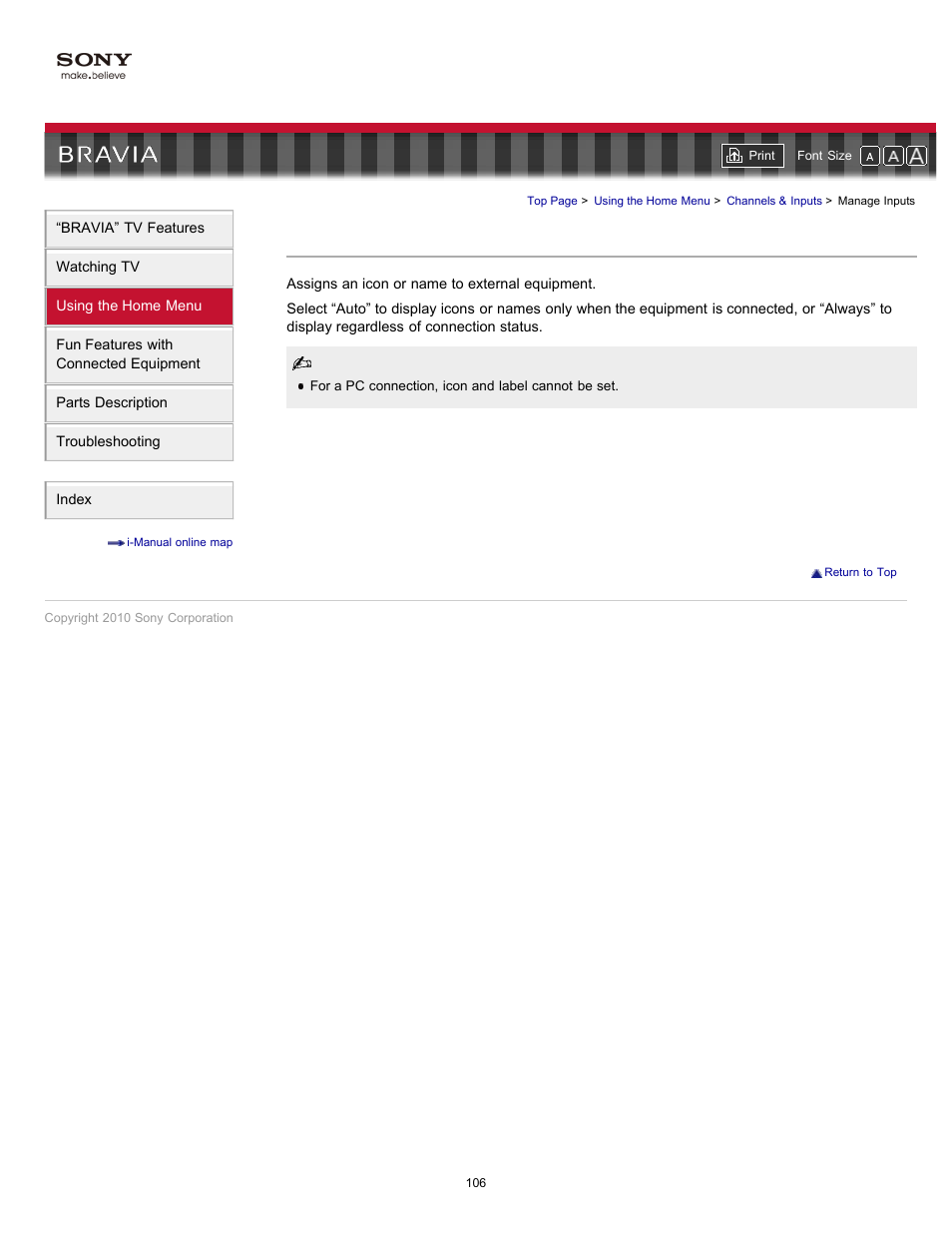 Manage inputs, External equipment display | Sony KDL-55HX701 User Manual | Page 110 / 141