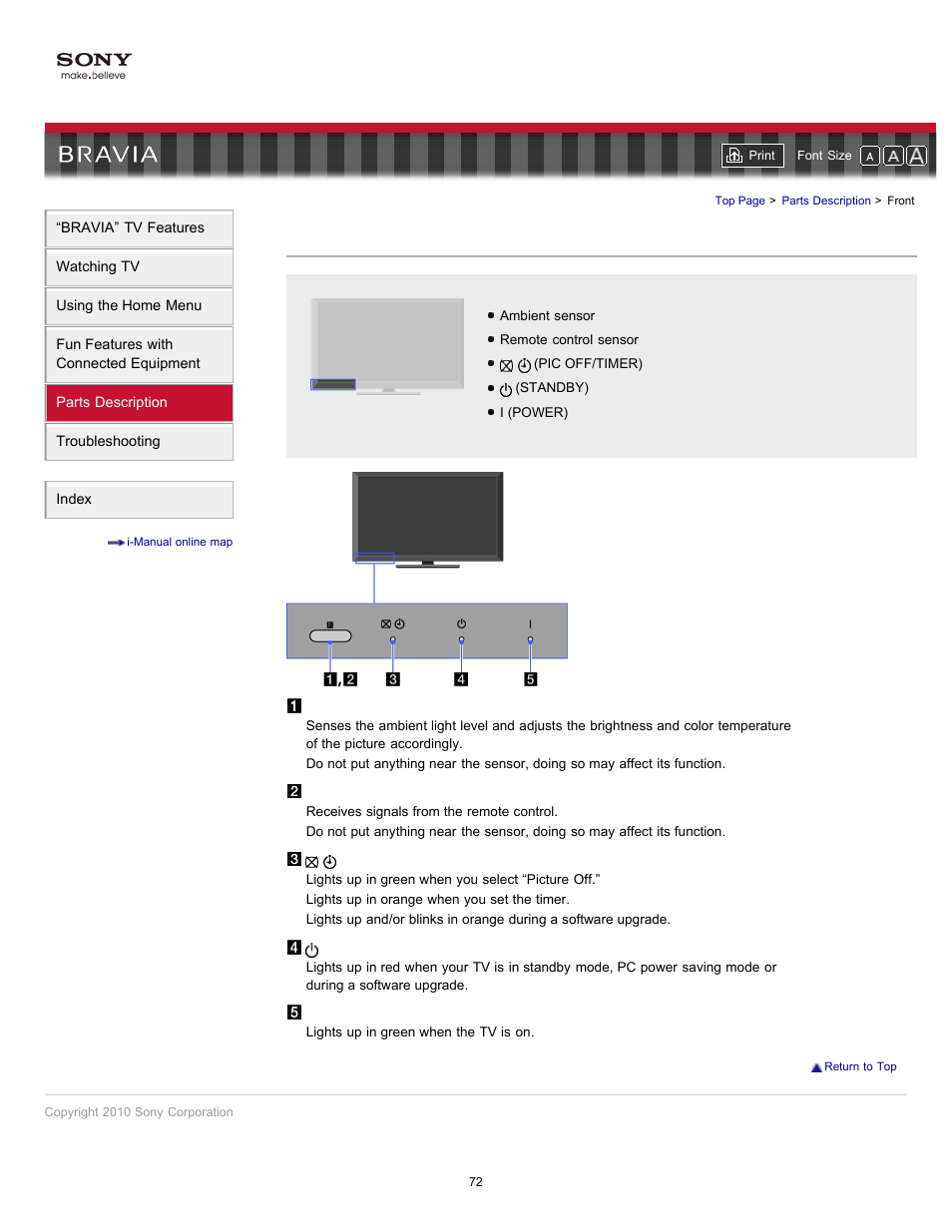 Front, Tv controls and indicators (front part) | Sony KDL-55HX701 User Manual | Page 76 / 141