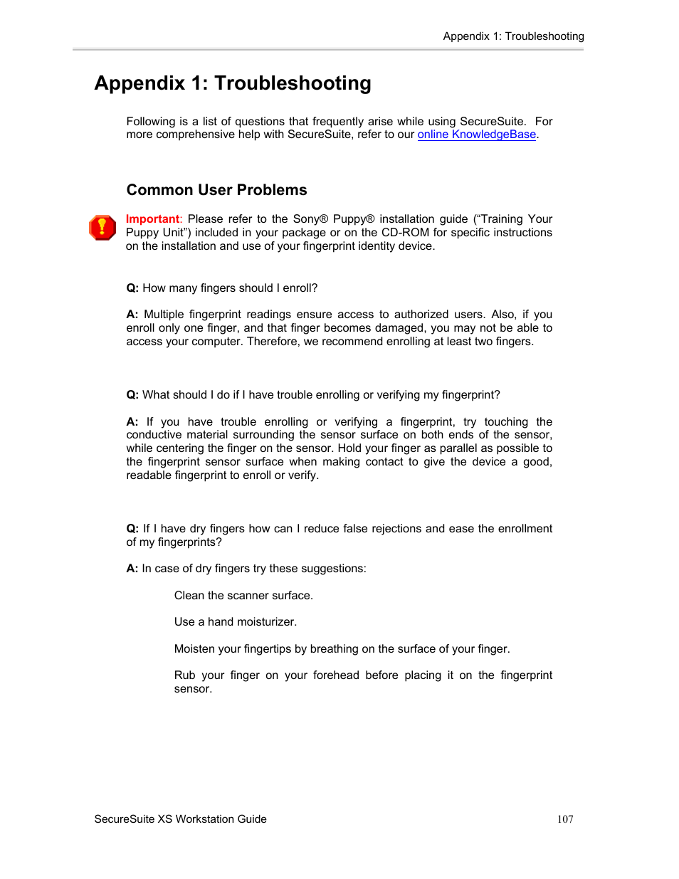 Appendix 1: troubleshooting, Common user problems | Sony FIU-900 User Manual | Page 106 / 118
