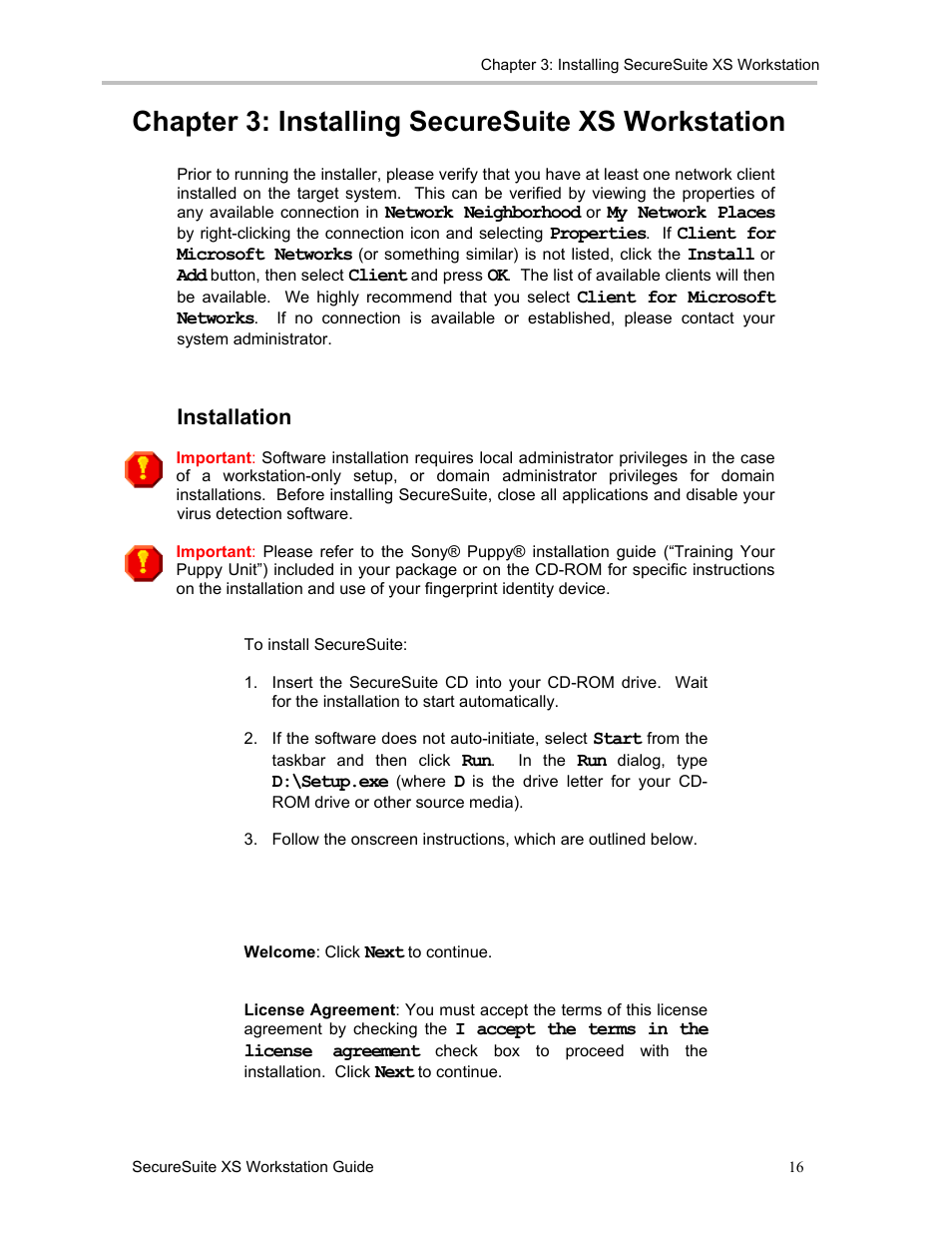 Chapter 3: installing securesuite xs workstation, Installation | Sony FIU-900 User Manual | Page 15 / 118