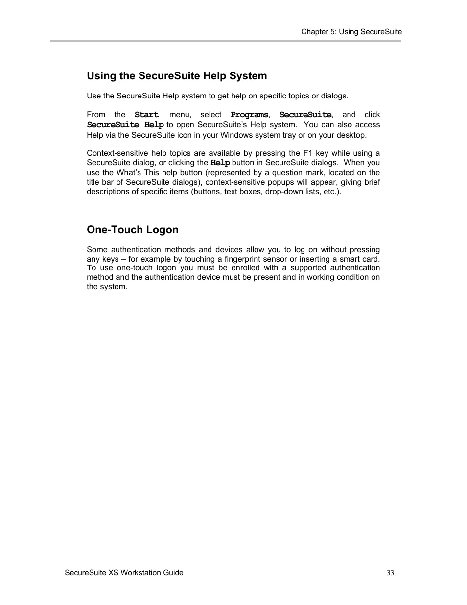 Using the securesuite help system, One-touch logon | Sony FIU-900 User Manual | Page 32 / 118
