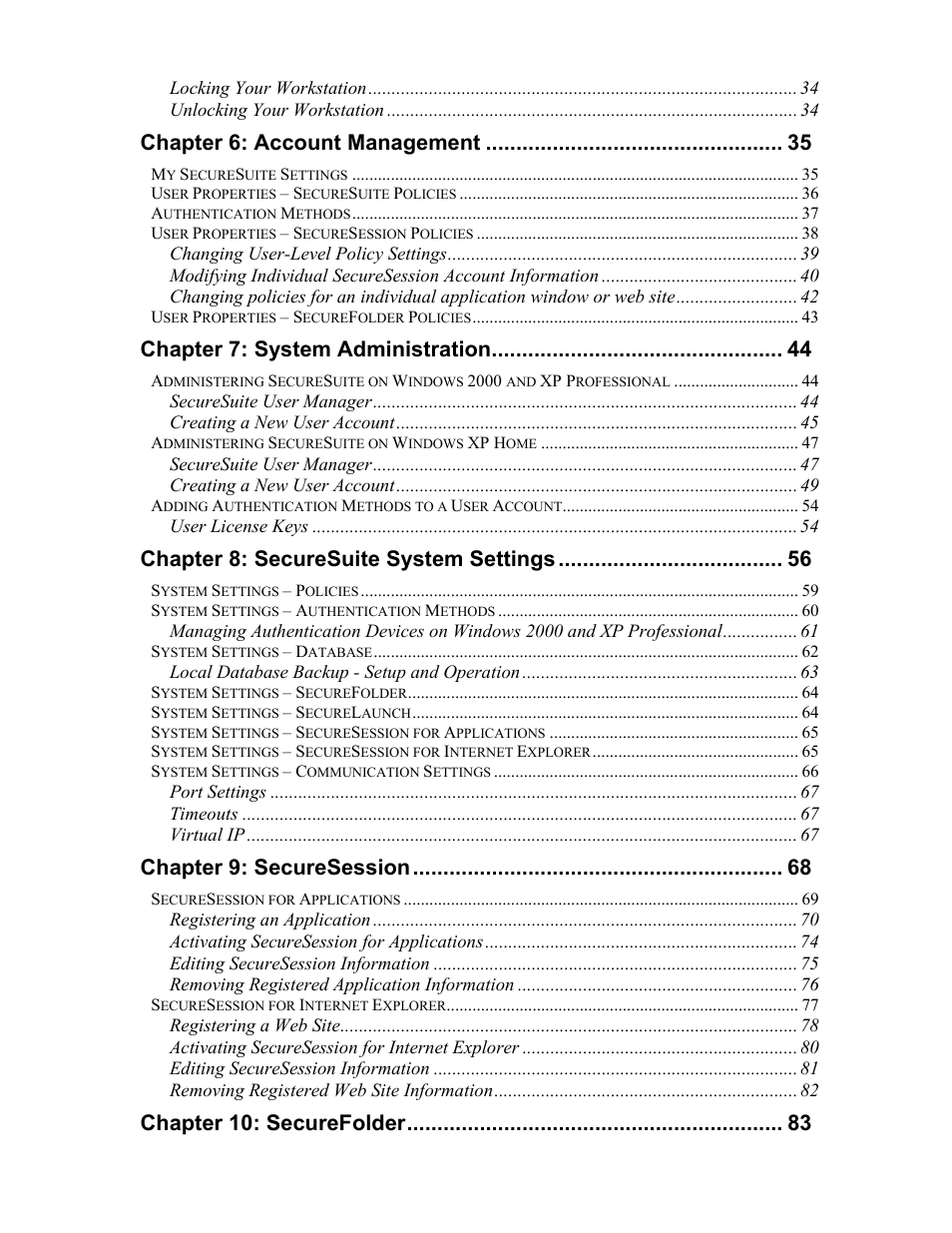 Chapter 6: account management, Chapter 7: system administration, Chapter 8: securesuite system settings | Chapter 9: securesession, Chapter 10: securefolder | Sony FIU-900 User Manual | Page 4 / 118