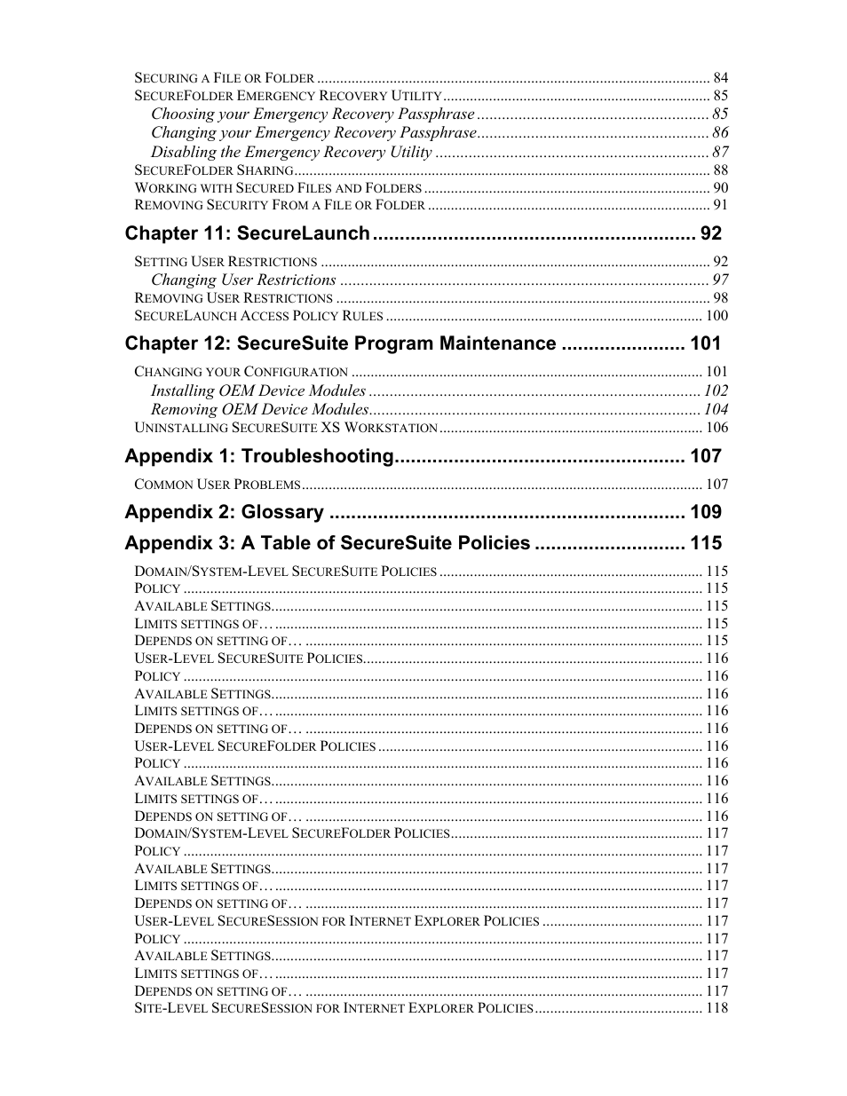 Chapter 11: securelaunch, Chapter 12: securesuite program maintenance, Appendix 1: troubleshooting | Appendix 2: glossary, Appendix 3: a table of securesuite policies | Sony FIU-900 User Manual | Page 5 / 118