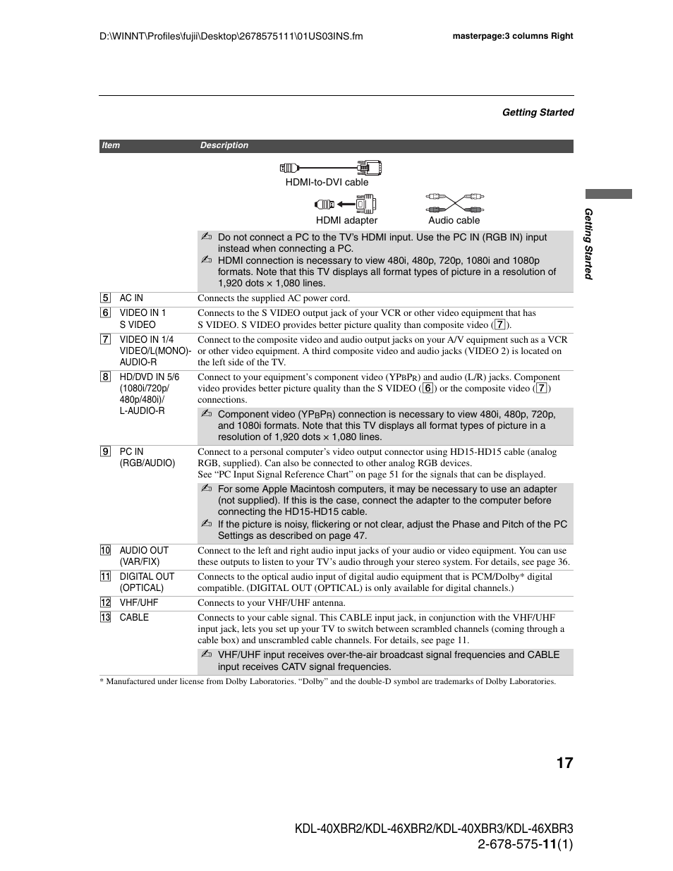 Sony KDL-40XBR3 User Manual | Page 17 / 56