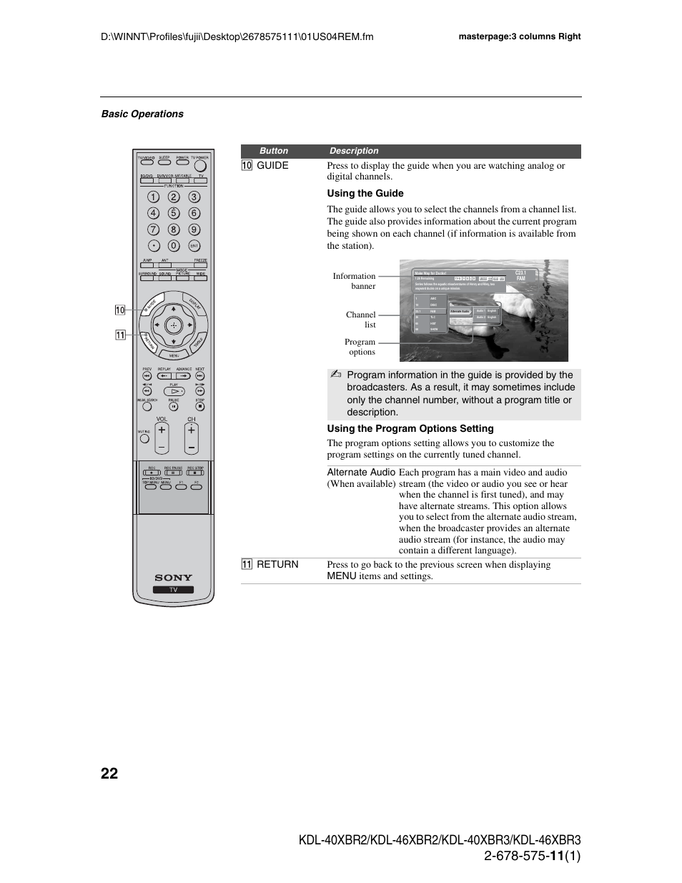 Basic operations | Sony KDL-40XBR3 User Manual | Page 22 / 56