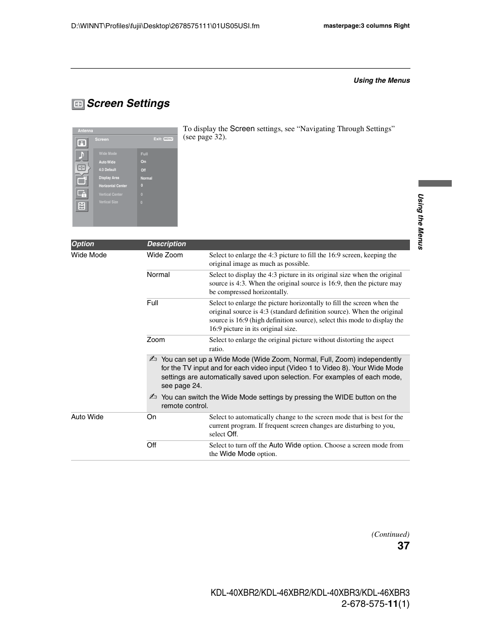 Screen settings | Sony KDL-40XBR3 User Manual | Page 37 / 56