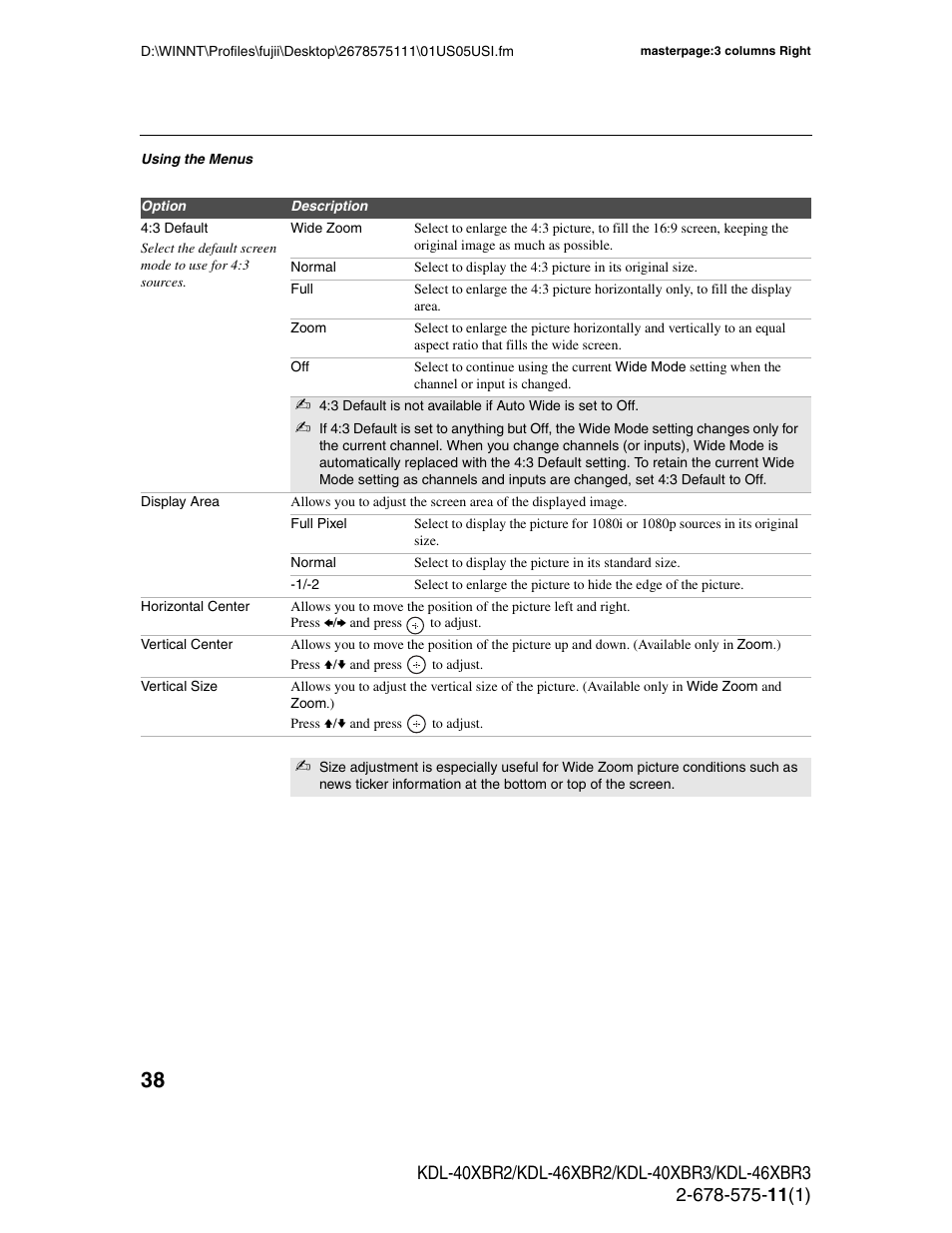 Sony KDL-40XBR3 User Manual | Page 38 / 56