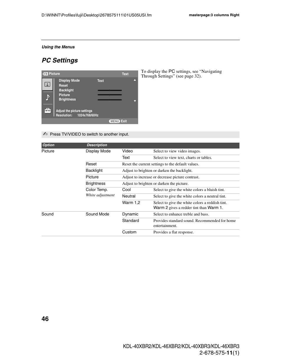 Pc settings | Sony KDL-40XBR3 User Manual | Page 46 / 56