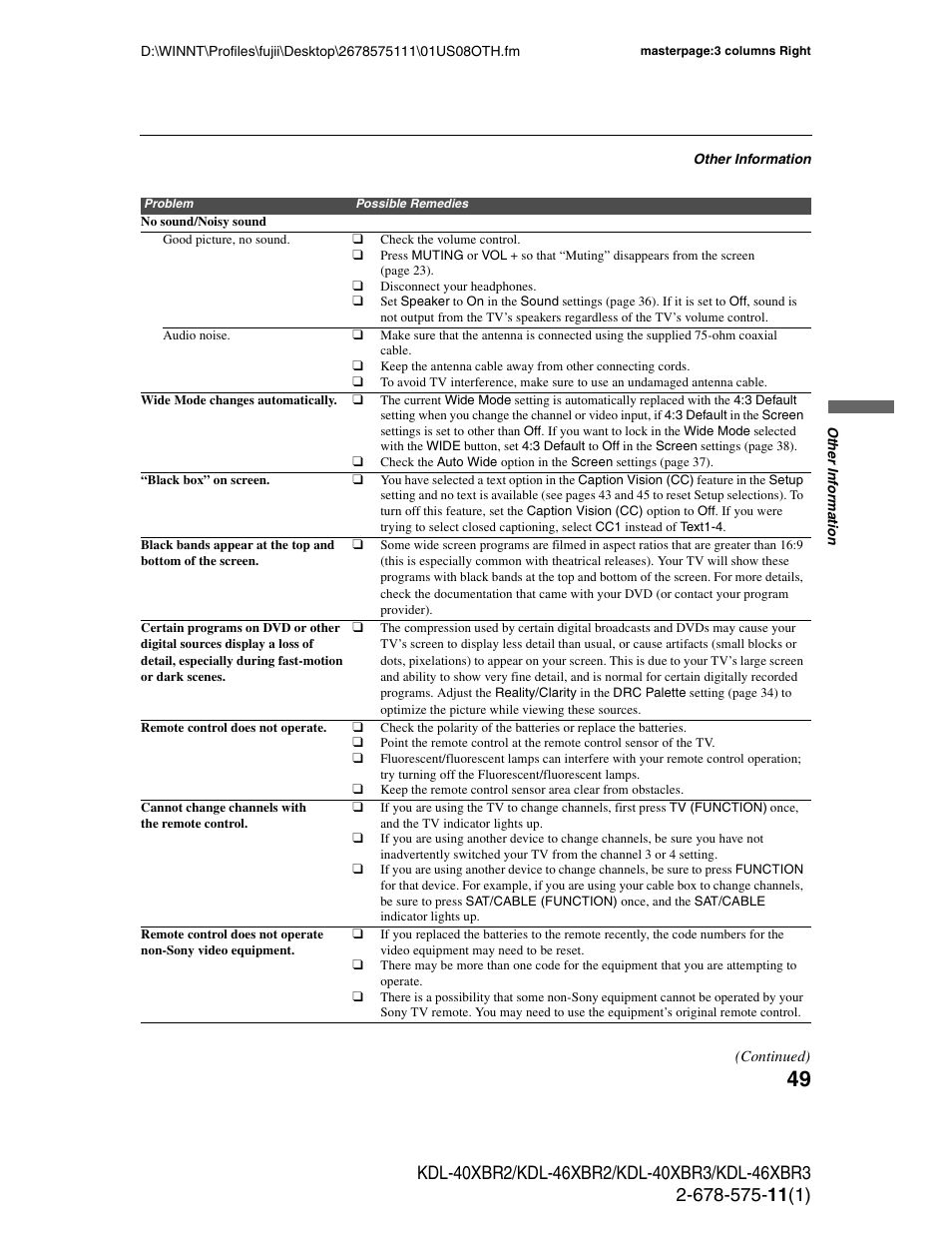 Sony KDL-40XBR3 User Manual | Page 49 / 56