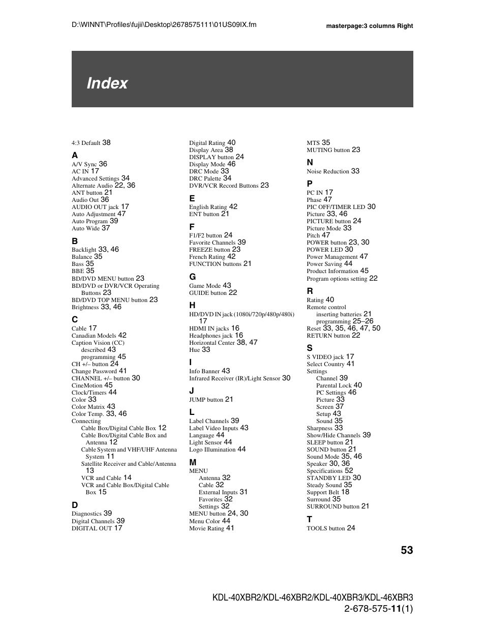 Index | Sony KDL-40XBR3 User Manual | Page 53 / 56