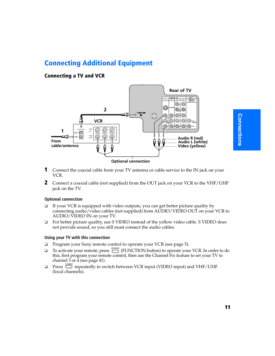 Connecting additional equipment, 11 c onnections, Connecting a tv and vcr | Rear of tv vcr | Sony KV-32FS320 User Manual | Page 18 / 70