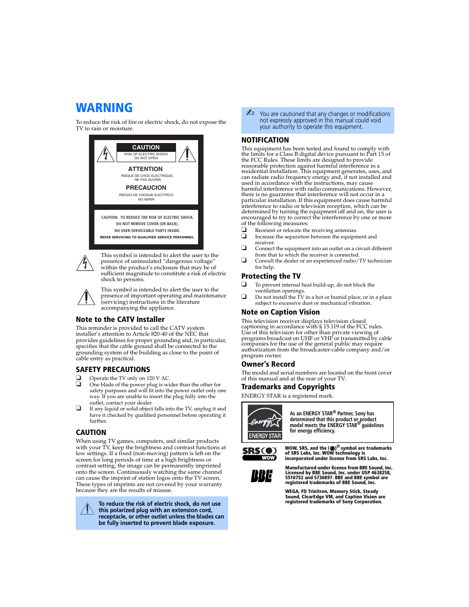 Warning, Connecting additional equipment, Safety precautions | Caution, Notification, Protecting the tv, Owner’s record, Trademarks and copyrights | Sony KV-32FS320 User Manual | Page 2 / 70