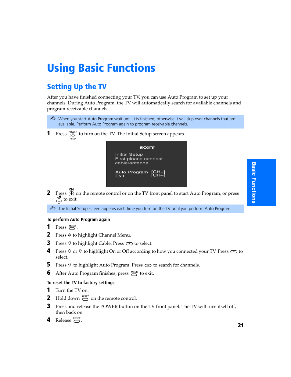 Using basic functions, Setting up the tv | Sony KV-32FS320 User Manual | Page 28 / 70