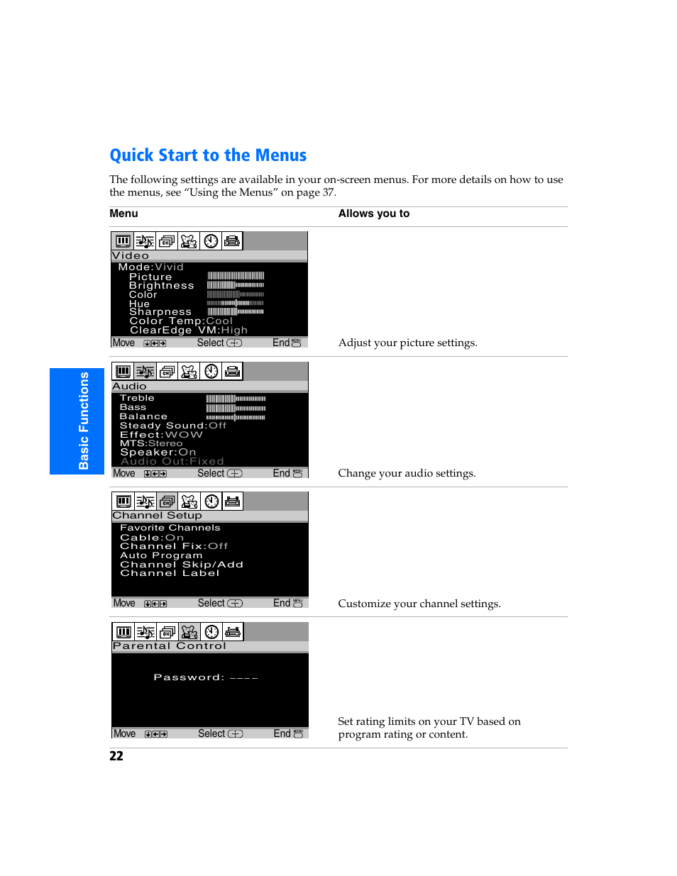 Quick start to the menus | Sony KV-32FS320 User Manual | Page 29 / 70