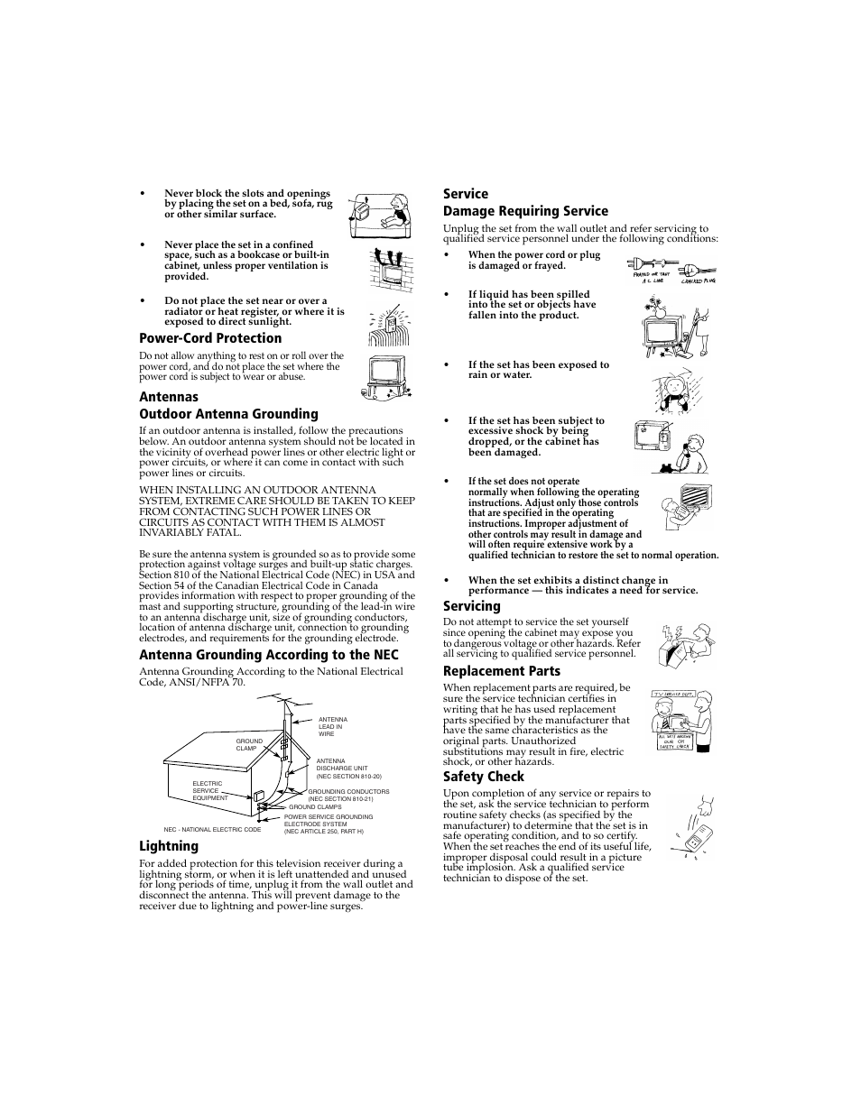 Connecting additional equipment, Power-cord protection, Antennas outdoor antenna grounding | Antenna grounding according to the nec, Lightning, Service damage requiring service, Servicing, Replacement parts, Safety check | Sony KV-32FS320 User Manual | Page 4 / 70