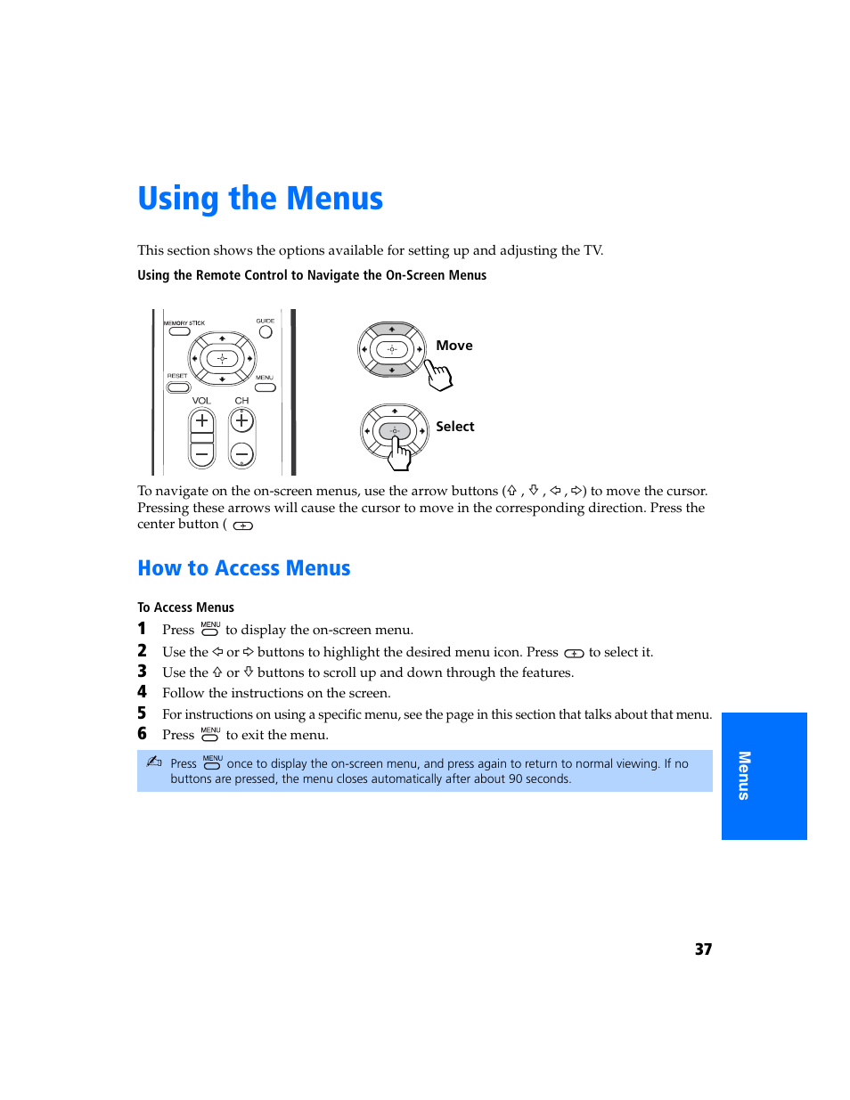 Using the menus, How to access menus | Sony KV-32FS320 User Manual | Page 44 / 70