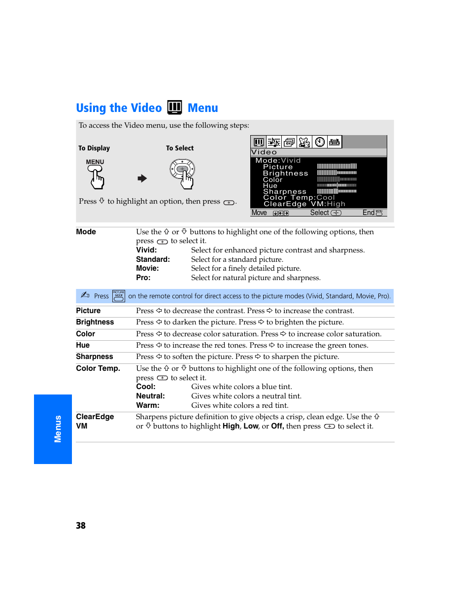 Using the video menu | Sony KV-32FS320 User Manual | Page 45 / 70