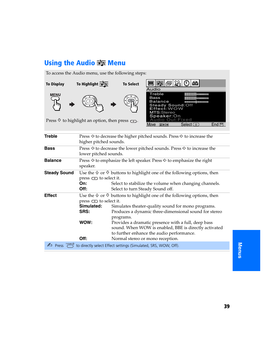 Using the audio menu | Sony KV-32FS320 User Manual | Page 46 / 70