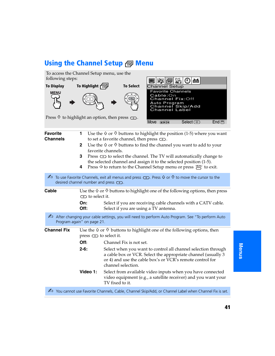 Using the channel setup menu | Sony KV-32FS320 User Manual | Page 48 / 70